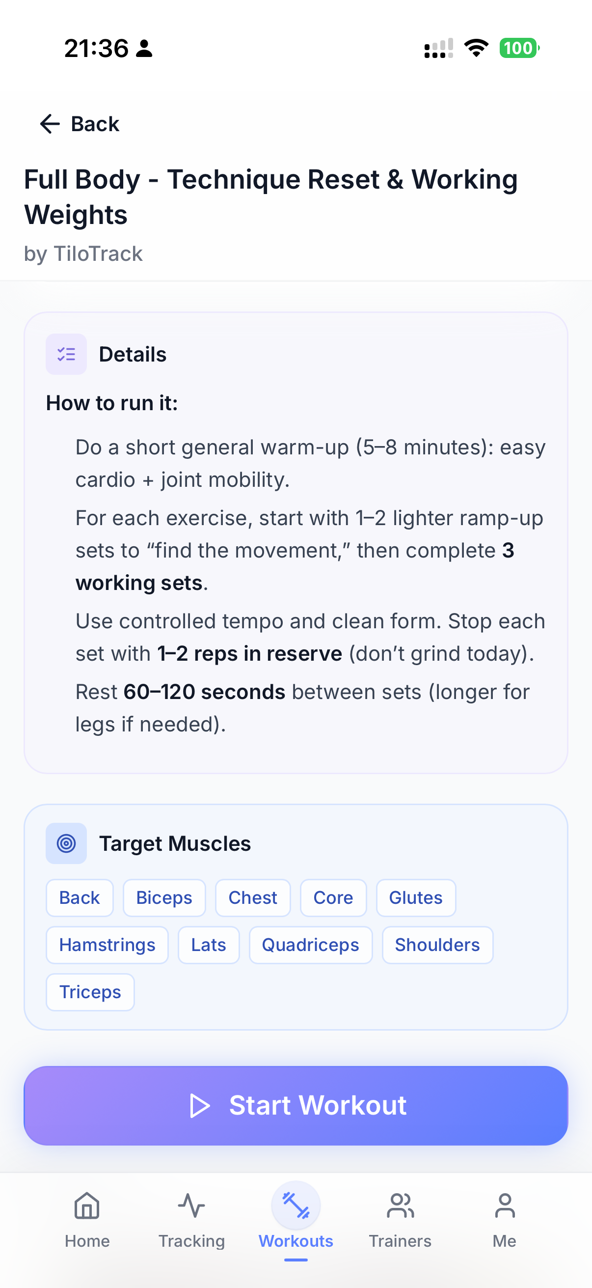 Workout screen