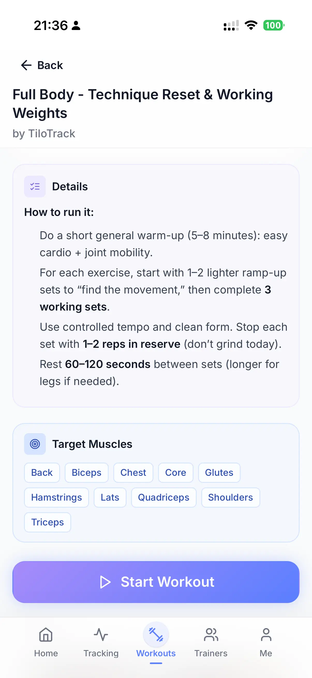 Workout screen